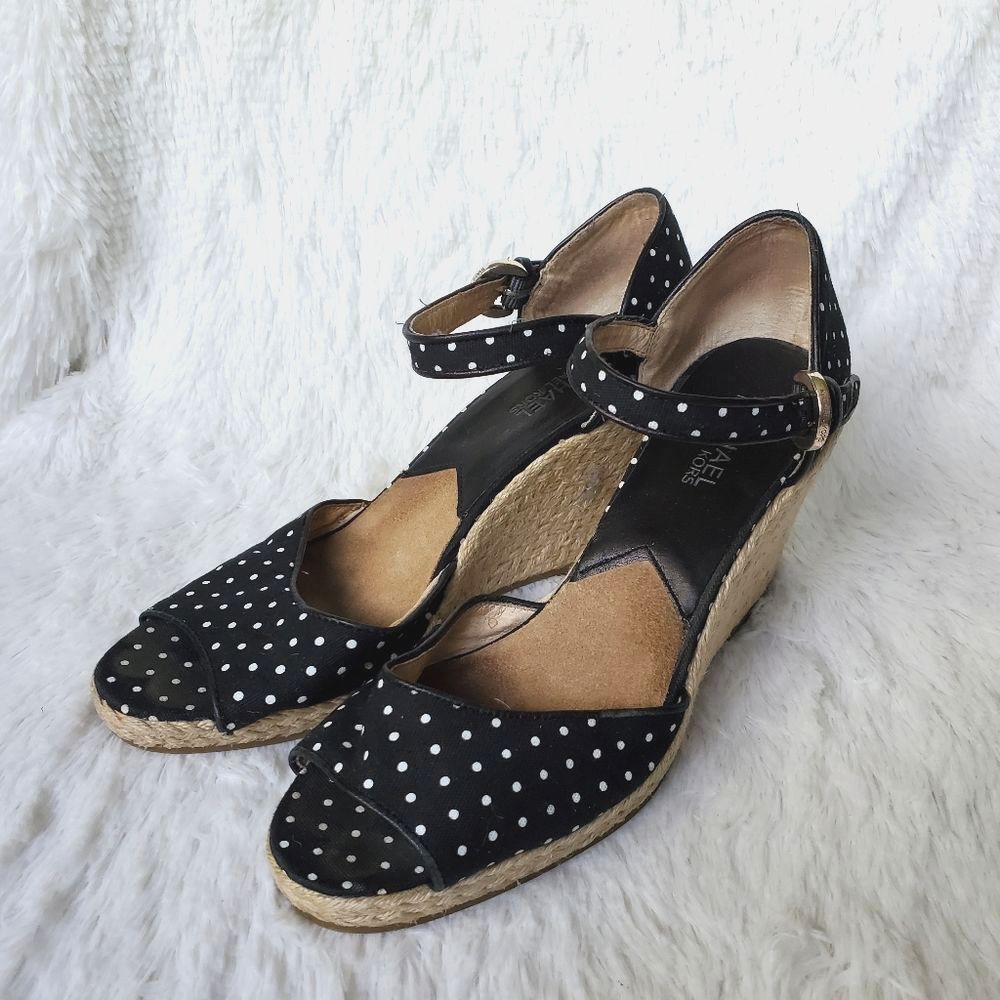 Michael Kors Summer Polka Dot Espadrille Wedges Heel Sandals Black White Size 8